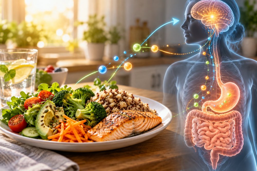 Healthy meal with digestive system and brain signal overlay representing appetite hormones.