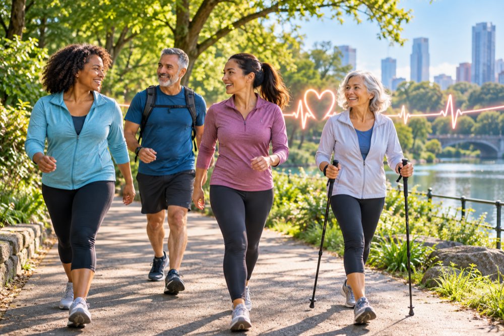 Diverse adults walking briskly in a park with heart health visual overlay.