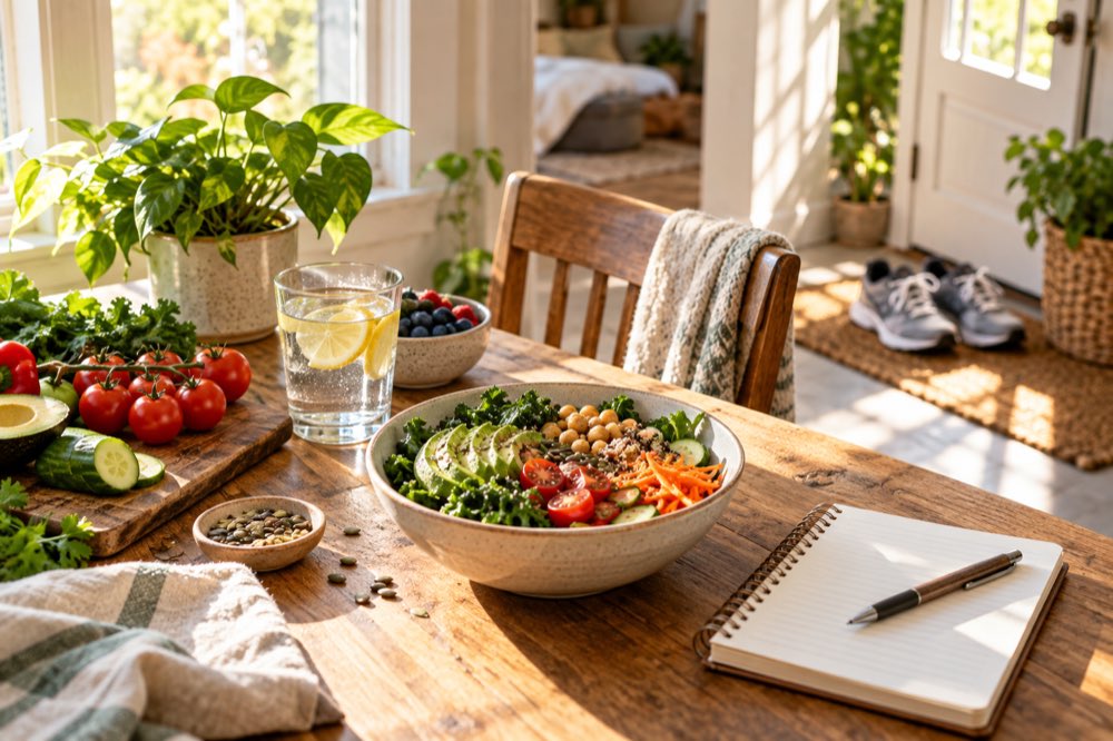Everyday wellness habits including nutritious food, water, walking shoes and sleep journal.