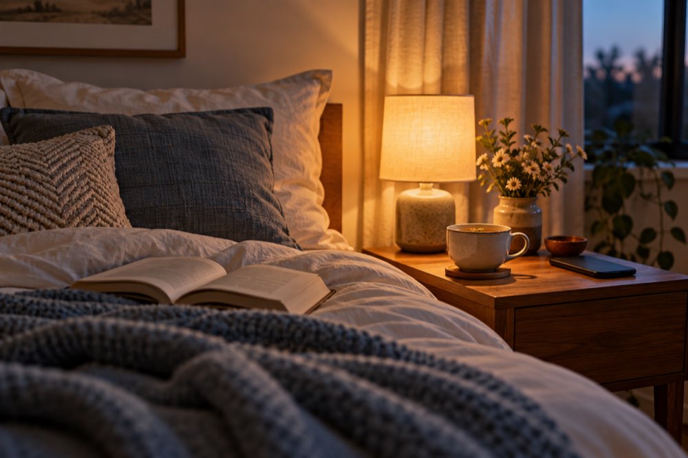 Calm evening bedroom routine with book, tea and phone set aside.