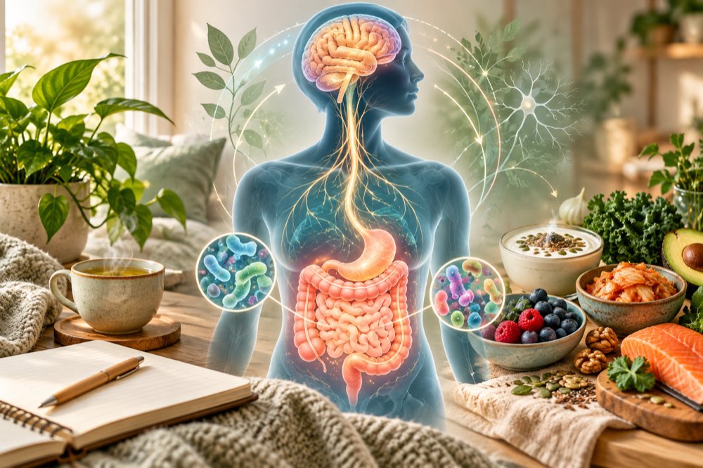 Gut and brain communication shown with digestive wellness foods and lifestyle cues.