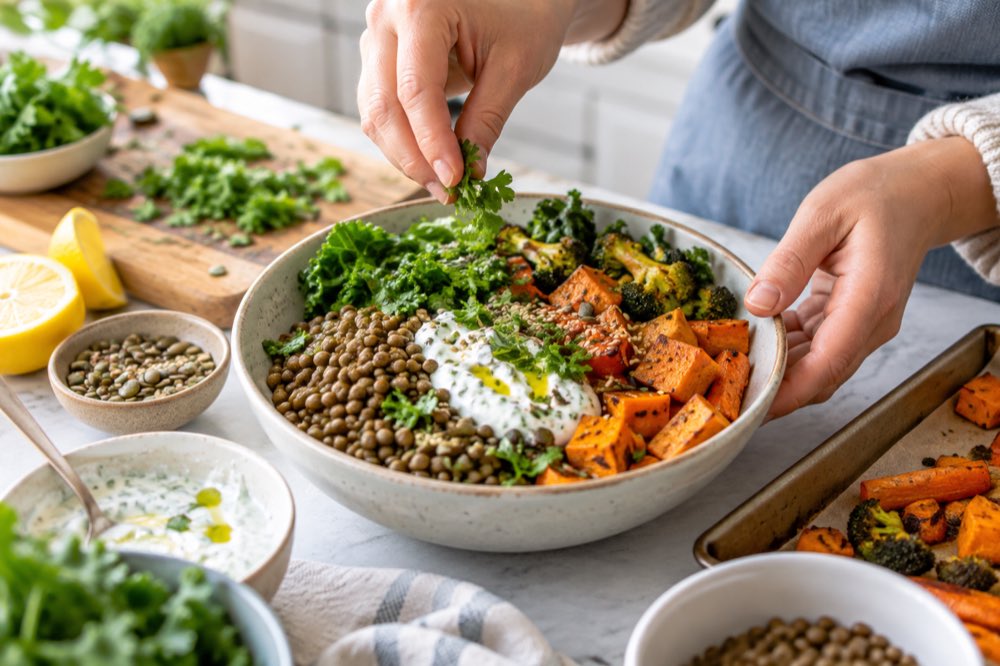 Hands preparing a lentil and vegetable bowl for gut-friendly everyday eating.
