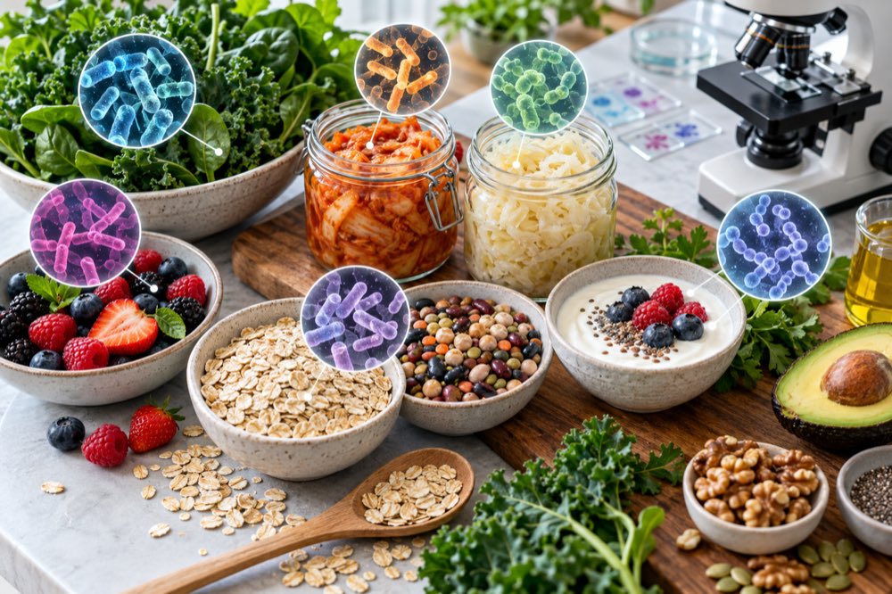 Gut-friendly whole foods with microbiome science overlays in a kitchen setting.