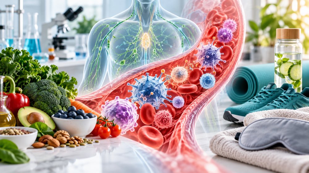 Immune balance and inflammation science represented with healthy lifestyle cues.