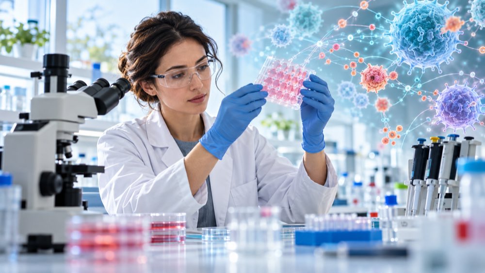 Researcher studying immune cells and inflammation in a modern biomedical laboratory.