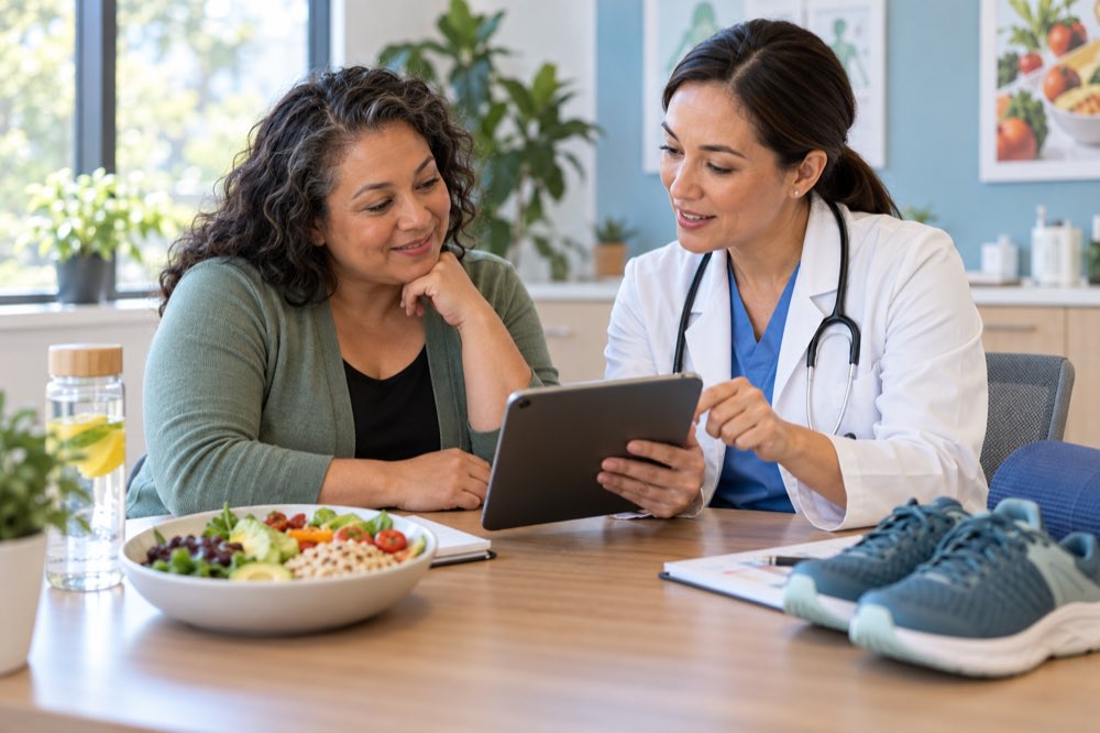 Clinician and patient discussing medication, nutrition and activity for metabolic health.