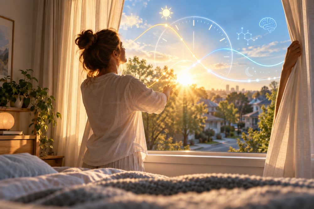 Person opening curtains to morning light with circadian rhythm science overlay.