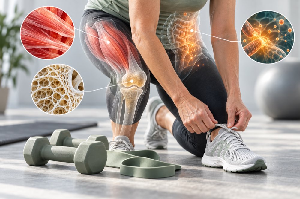 Adult tying trainers beside dumbbells with muscle, bone and metabolism overlays.