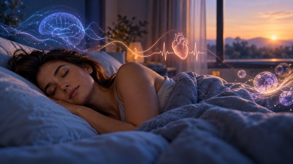 Peaceful sleep scene with subtle brain, heart and cellular repair overlays.