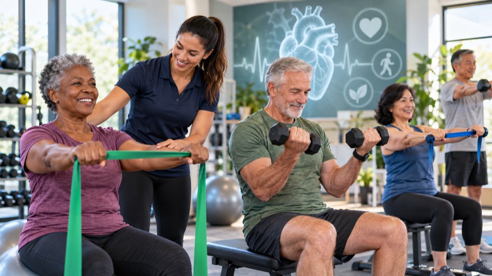 Diverse adults strength training with resistance bands and light weights for heart health.